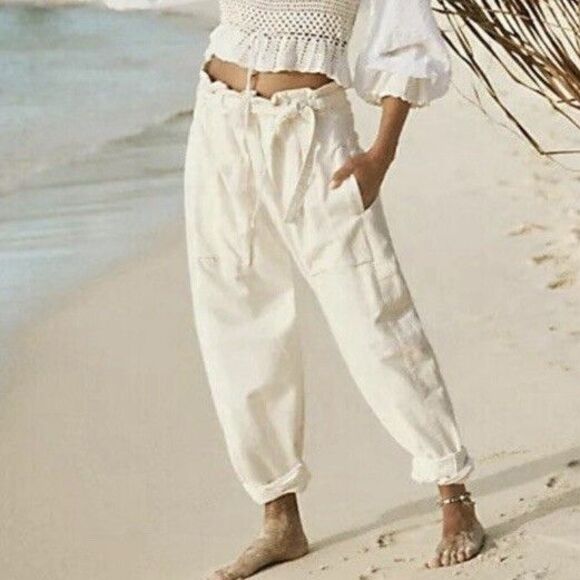 Free People Sky Rider Low-crotch Pants Women Size XS White Cotton Linen Blend - Picture 1 of 9